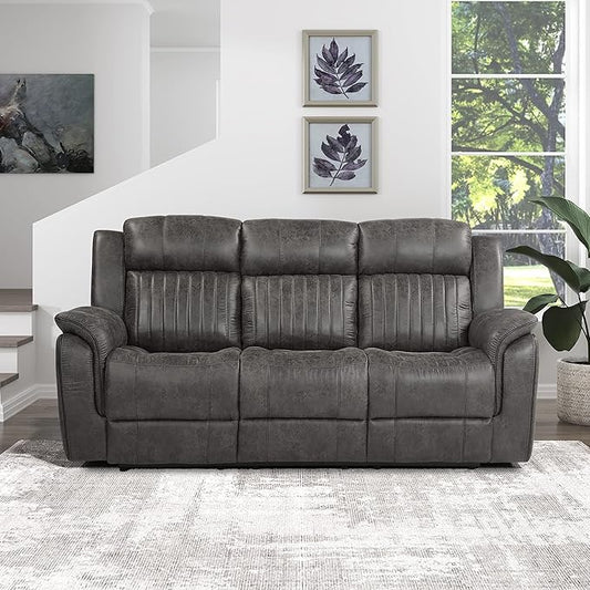 Lexicon 83.5" W Manual Double Reclining Sofa, Polished Microfiber Recliner Sofa, Pillow Top Arms, for Living Room, Apartment, Easy Assembly, Brownish Gray