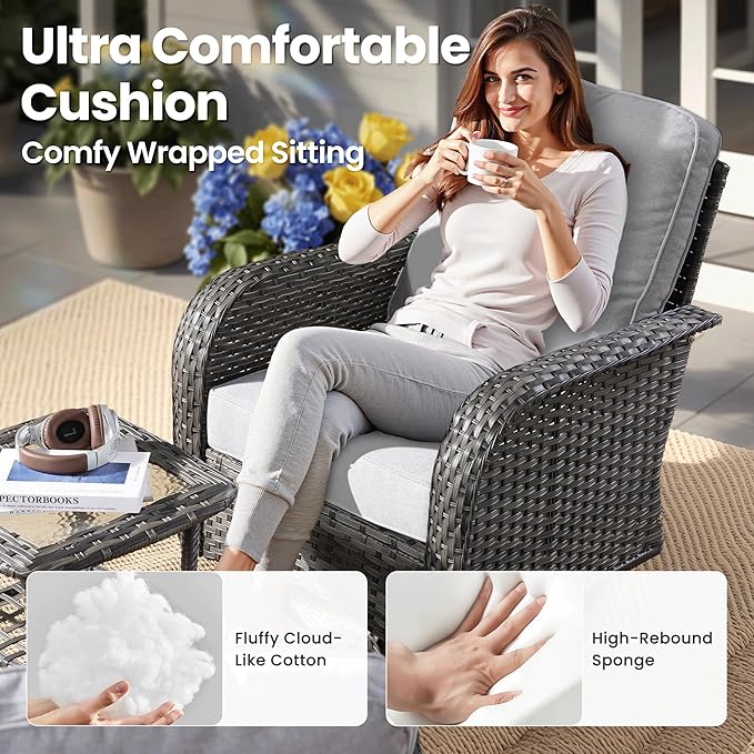ovios 5-Piece Patio Furniture Set, Outdoor Wicker Sofa with Swivel Chairs Coffee Table, High Back Rattan Couch Loveseat with Comfy Cushions for Porch Yard Deck, Grey