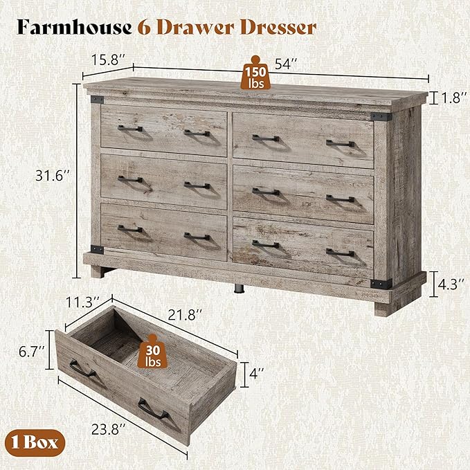 AMERLIFE 5 Pieces Farmhouse Bedroom Set, Includes Rustic Queen Bed Frame with 54" Tall Headboard, 6 Drawer Dresser, 5 Drawer Tall Chest, Nightstands Set of 2 with Charging Station, Rustic Grey