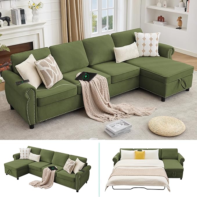 ERYE L-Shaped Reversible Sectional Sofa with Pull Out Queen Memory Mattress Sleeper Bed, 2-in-1 L-Shaped Corner Sectional Couches W/Wireless Charging, Storage Chaise Lounge