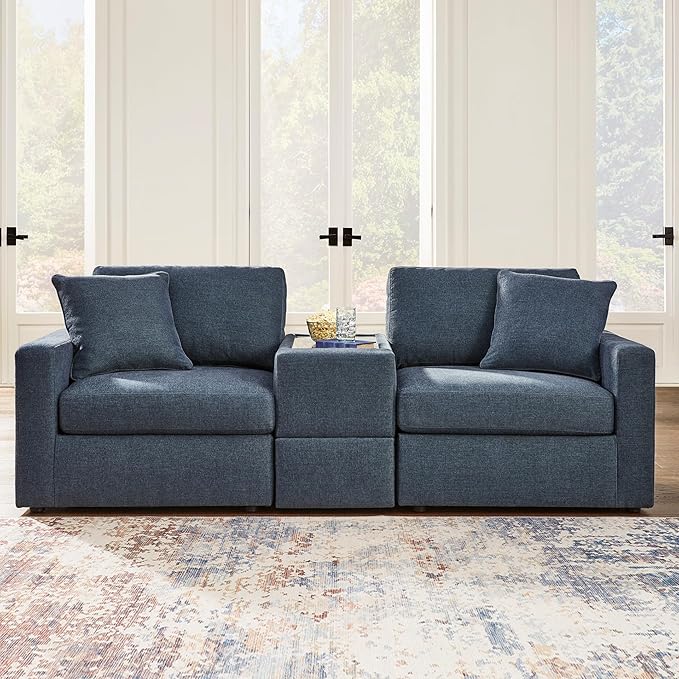 Signature Design by Ashley Modmax Contemporary Modular Stain Resistant 3-Piece Sectional with Storage Console, Drawer and 2 Accent Pillows, Blue
