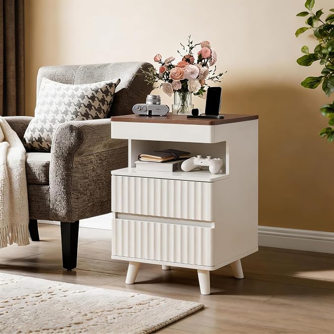 Eifizek Fluted Nightstand with LED Light & Charging Station, Modern Bed Side Table with 2 Storage Drawers & Open Shelf, Wooden End Table with Concealed Drawer for Bedroom, Living Room, White - Image 8