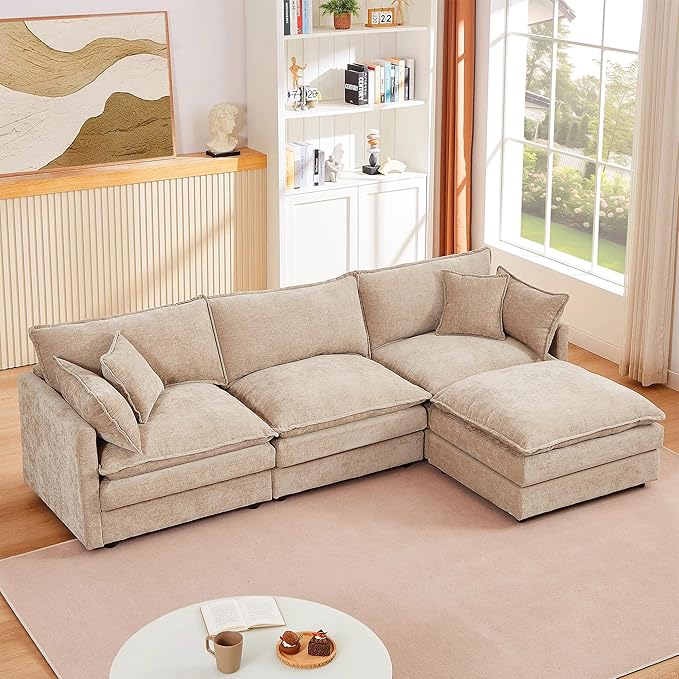 102" Cloud Couch Sectional, Modular Sectional Sofa with Chaise & 4 Removable Washable Pillows, Oversized L-Shaped Couch for Living Room, Modern 3-Seat Cloud Sofa Sectional with Deep Seat, Coffee