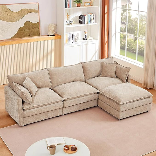 102" Cloud Couch Sectional, Modular Sectional Sofa with Chaise & 4 Removable Washable Pillows, Oversized L-Shaped Couch for Living Room, Modern 3-Seat Cloud Sofa Sectional with Deep Seat, Coffee