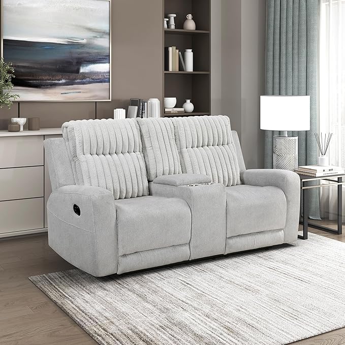 Lexicon Modern Double Recliner Loveseat with Center Console, Manual Wall Hugger Textured Microfiber Love Sac Couch, Plush Corduroy Channel Seat Back, Manual Recliner Loveseat, Light Gray