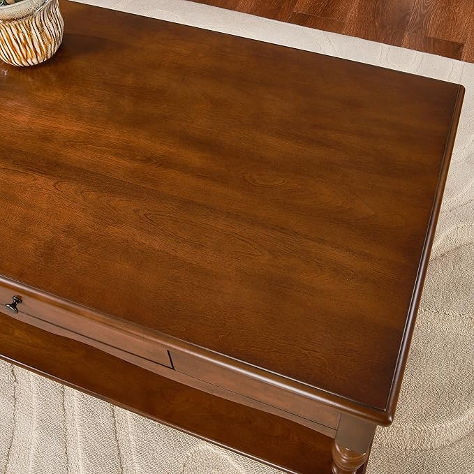 Rectangular Coffee Table with 2 Storage Drawers, Mid-century Solid Wood Living Room Table with Carved Leg, Elegant Vintage Center Table, No-Tools Assembly, 43.3”L x 23.6”W x 18”H Caramel Brown KFZC008