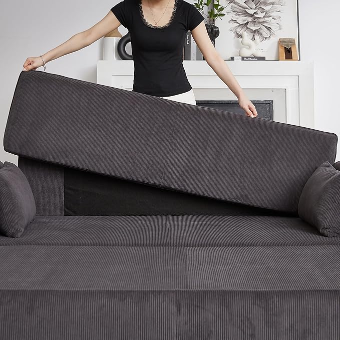 Ball & Cast 66" Convertible Sofa Bed,3-in-1 Corduroy Loveseat Sleeper Pull Out Couch Bed with Pillows and Side Pockets, Deep Seat Comfy Sofa Couches for Living Room,Apartment,Dark Grey
