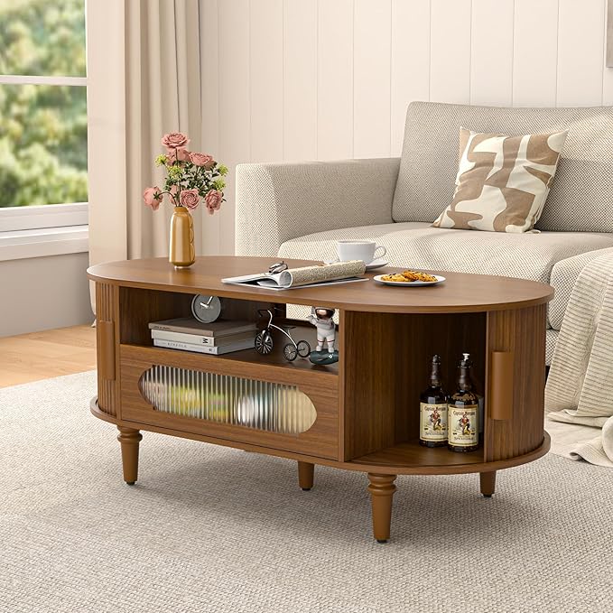 Fluted Oval Coffee Table for Living Room, Wood Round Coffee Table with Storage, Low Small Center Tables with Drawer, Sliding Door, Mid Century Modern, Boho, Rustic, Walnut