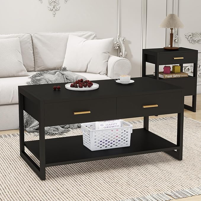 Coffee Table with Sensor Light - Modern Storage Coffee Table with Drawers and Shelf for Living Room, Office, Outdoor