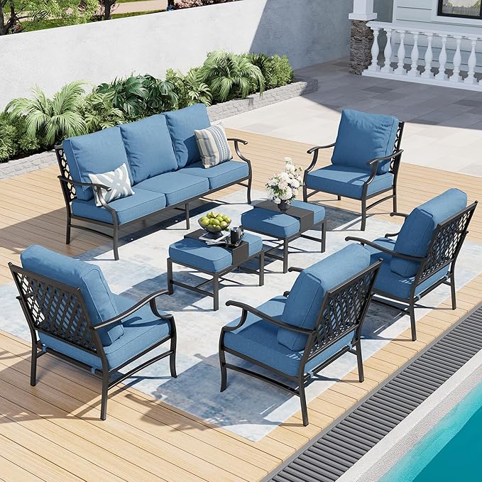 7 Piece Metal Outdoor Patio Furniture Set, Patio Conversation Sets 1 3-seater Sofa, 4 Fixed Chair, 2 Ottomans with 5.75" Thick Cushion, Black All-weather Frame Backyard Furniture, Navy