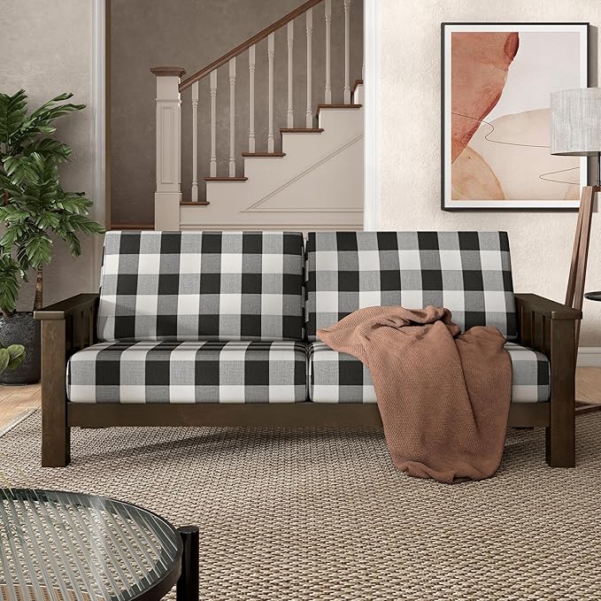 Furniture of America Gavik Modern 3-Piece Solid Wood Sofa Set with Plaid Removable Cushions, Black and White Upholstery Fabric, Arm Chair, Comfortable Couch and Loveseat for Living Room, Dark Walnut