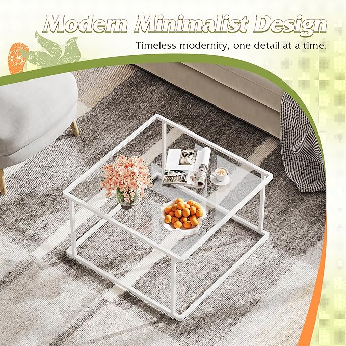 WLIVE Coffee Table, Glass Coffee Table for Living Room, Modern Small Coffee Table with Tempered Glass & Metal Frame, Square Center Table for Small Spaces Apartment, Office, 26.4 x 26.4in, White