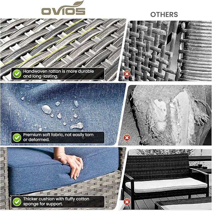 ovios 8-Piece Patio Furniture Set, Outdoor Wicker Sofa with Swivel Chairs Coffee Table, High Back Rattan Couch Loveseat with Comfy Cushions for Porch Yard Deck, Denim Blue