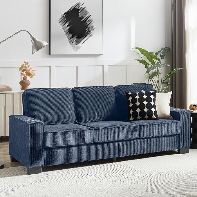 83" Modern Cloud Sofas for Living Room Bedroom, 3 Seat Modular Couch Soft Corduroy Upholstered Loveseat Couches with Cupholders for Home Apartment Office Studio