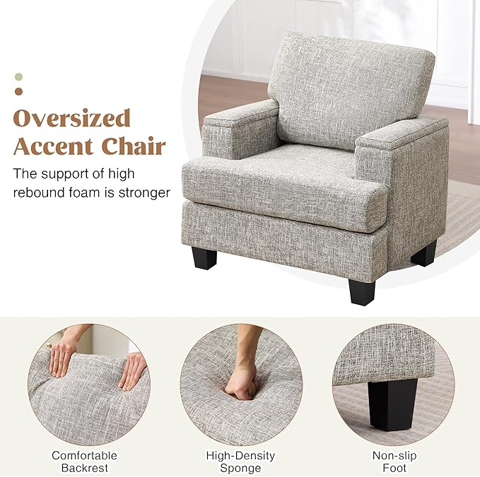 Accent Chairs Set of 2 with Armrest Storage, Upholstered Reading Living Room Chairs, Modern Comfy Large Armchairs, Fabric Single Sofa Chair for Bedroom (Light Grey)