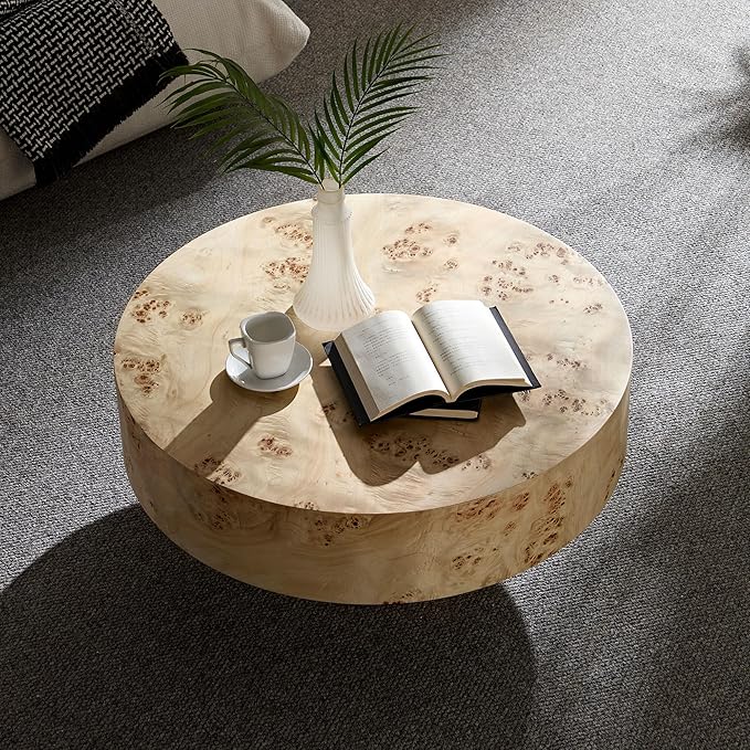 WILLIAMSPACE 31.49" Round Coffee Table with Burl Wood Veneer & Pedestal, Modern Wood Circle Drum Center Table for Living Room, Circular Accent Side End Table for Apartment, 13.77" H (Natural Burl)
