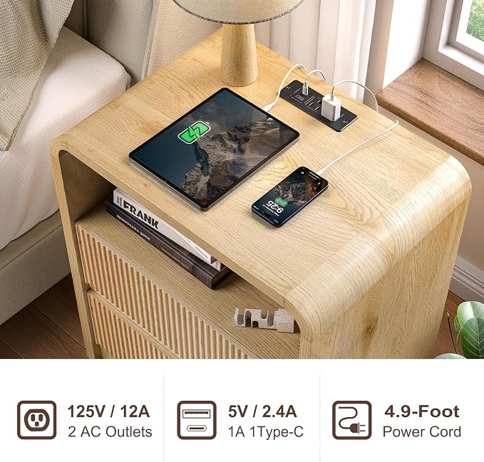 Modern Fluted Night Stand with Charging Station, 25" Tall Wood Nightstand Bedside Table with 3 Drawers & USB Ports, Mid-Century End Table for Bedroom (1, Nature Fluted, 2 Drawers) - Image 4