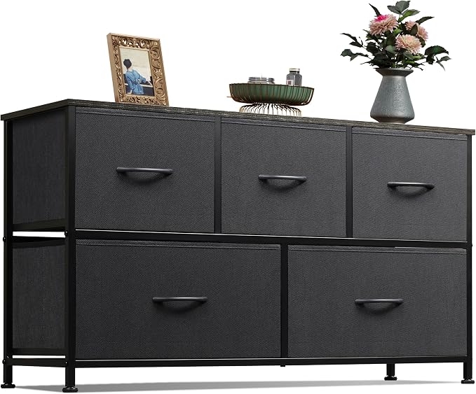 WLIVE Dresser for Bedroom with 5 Drawers, Wide Chest of Drawers, Fabric Dresser, Storage Organizer Unit with Fabric Bins for Closet, Living Room, Hallway, Charcoal Black by WLIVE