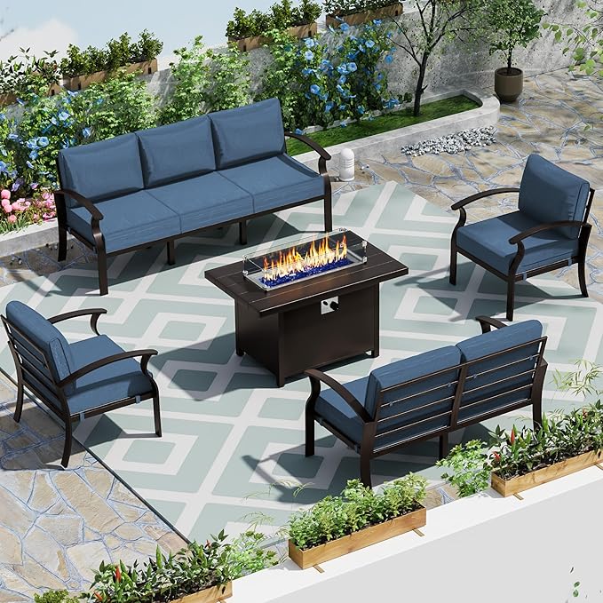 Patio Furniture Set 5-Piece Aluminum Armrest Sofa, Modern Outdoor Living Room Set with 55000 BTU Propane Aluminum Fireplace, Outdoor Rotary Joystick with Thick Cushion