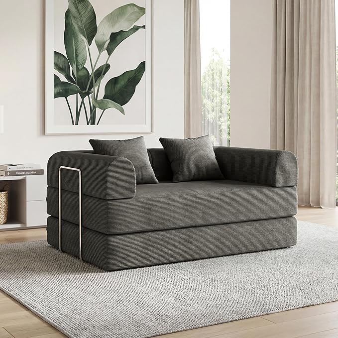 53.15'' Convertible Compressed Corduroy Folding Cloud Sofa Bed, Modern Boneless Pull Out Loveseat Sleeper in a Box, 4 in 1 Floor Mattress Futon Cloud Couch, No Assembly Needed, Grey, 2 Pillows, Full