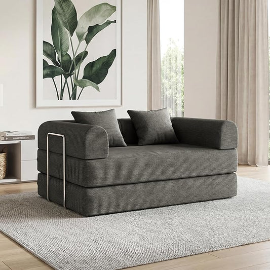 53.15'' Convertible Compressed Corduroy Folding Cloud Sofa Bed, Modern Boneless Pull Out Loveseat Sleeper in a Box, 4 in 1 Floor Mattress Futon Cloud Couch, No Assembly Needed, Grey, 2 Pillows, Full