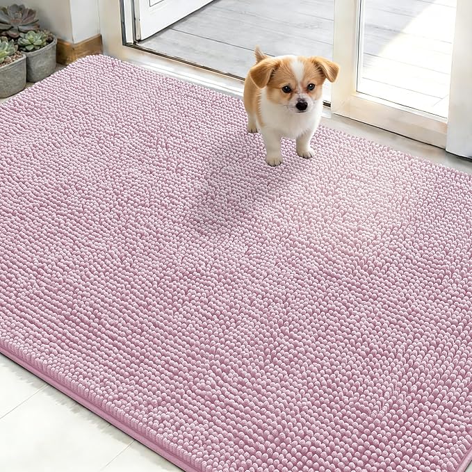 OLANLY Dog Door Mat for Muddy Paws 48x30, Absorbs Moisture and Dirt, Absorbent Non-Slip Washable Doormat, Quick Dry Chenille Mud Mat for Dogs, Entry Indoor Entryway Carpet for Inside Floor, Dusty Rose by OLANLY