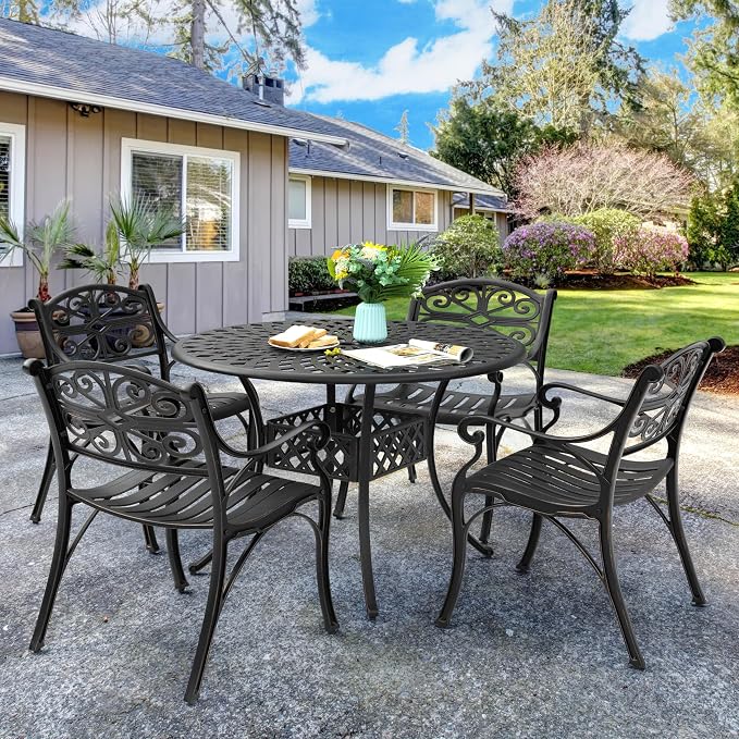 NUU GARDEN 5 Pieces Outdoor Patio Dining Set, 42" Round Cast Aluminum Dining Table with 2.24" Umbrella Hole and All-Weather 4 Outdoor Patio Dining Chairs for Patio, Garden, Backyard, Balcony, Bronze - Image 9