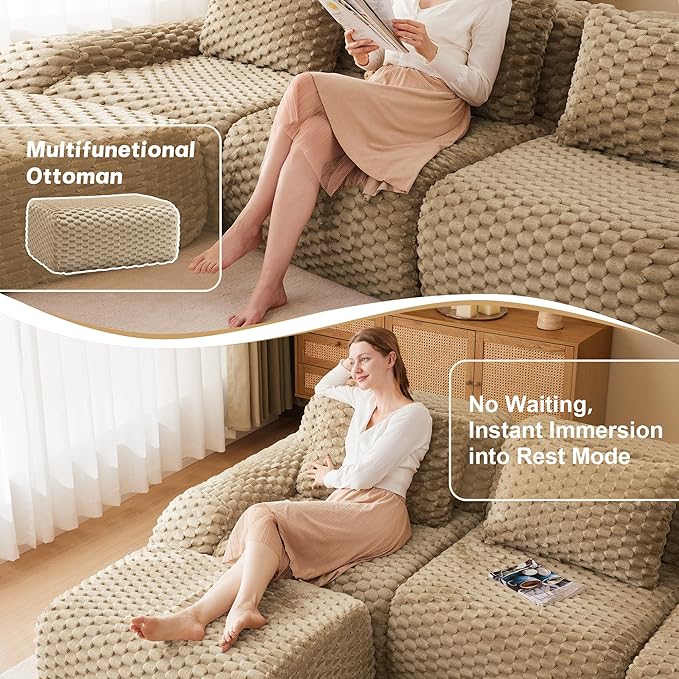 114" U-Shaped Compressed Sectional Cloud Sofa, Flannel Upholstered Modular Deep Seat Sofa with 5 Pieces, Symmetrical Boneless Foam Modular Cloud Couches for Living Room