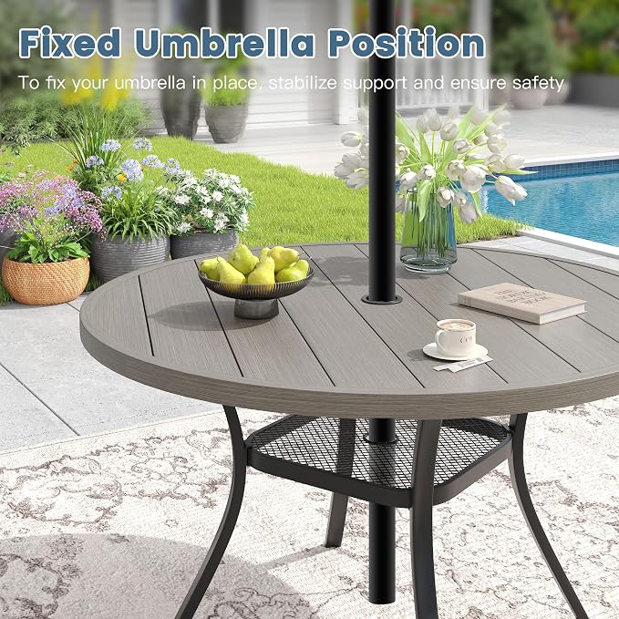 DIFY Outdoor Dining Set for 6, Patio Dining Furniture Set Includes 47.2" Grey Wood-Like Round Table with Adjustable Umbrella Hole and 6 Grey Stackable Metal Chairs for Poolside, Garden, Backyard - Image 6