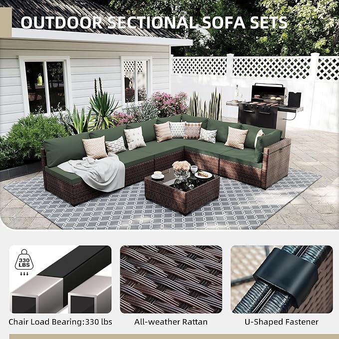 UPHA 7 Pieces Patio Furniture Sets, Wicker Outdoor Sectional Sofa Couch with Coffee Table, Patio Conversation Set for Deck Backyard Garden, Brown Rattan, Pine Green Cushion