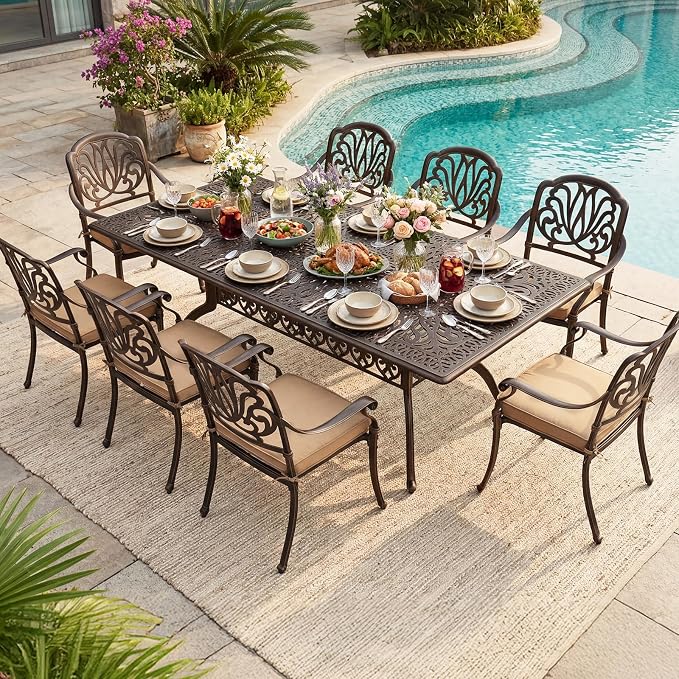 VINGLI 9 Pieces Outdoor Dining Set, Cast Aluminium All-Weather Patio Dining Set for 8 with Umbrella Hole, Outdoor Dining Table and Chairs with Cushion for Yard, Garden, Porch and Poolside, Bronze - Image 2