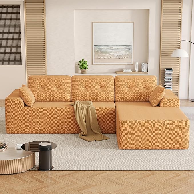 Ball & Cast 106" Cloud Modular Sectional Sofa, Boneless Chenille Couch with Deep Seat, Comfy L-Shaped Sectional, Modern Upholstered Sofa for Living Room, No Assembly (Orange, Right Facing Chaise)