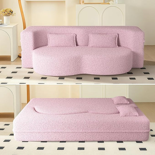 78" Convertible Sofa Bed, 2-in-1 Folding Floor Couch with 2 Pillows, Sleeper Sofa for Living Room and Bedroom, No Assembly Required (Pink, Teddy Fabric)