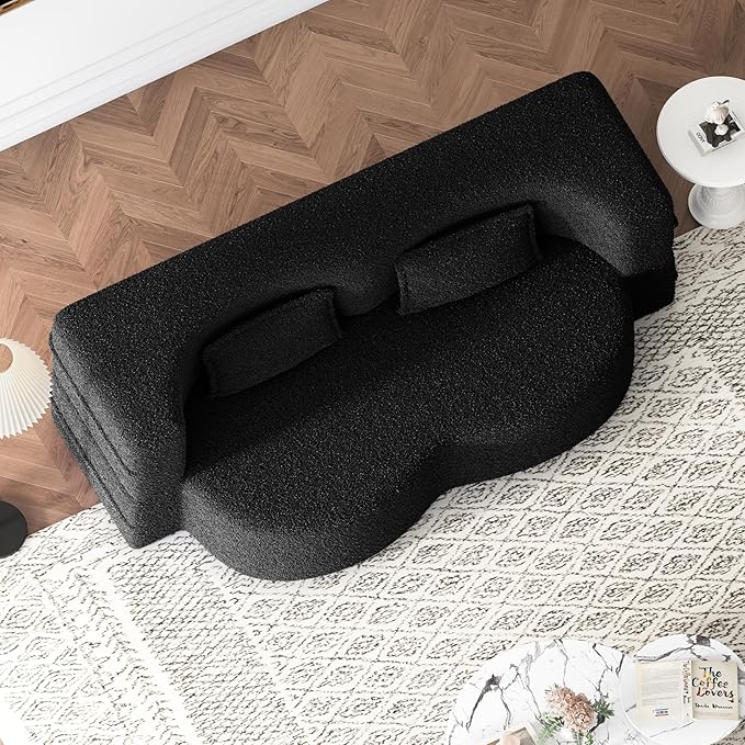 Ball & Cast 78" Floor Sofa Bed with 2 Pillows,Convertible Teddy Fabric Foam-Filled Sleeper Sofa Bed,Pull Out Couch Full Size Folding Mattress for Living Room,Playroom,No Assembly Required,Black