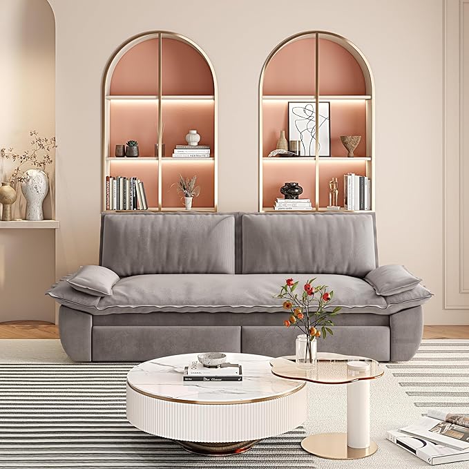 3-in-1 Convertible Sofa Bed Queen Size Pull Out Sleeper Sofa with Heavy Duty Metal Frame, Luxurious Velvet Upholstered Loveseat with 2 Pillows, Modern Folding Guest Bed for Living Room, Apartment