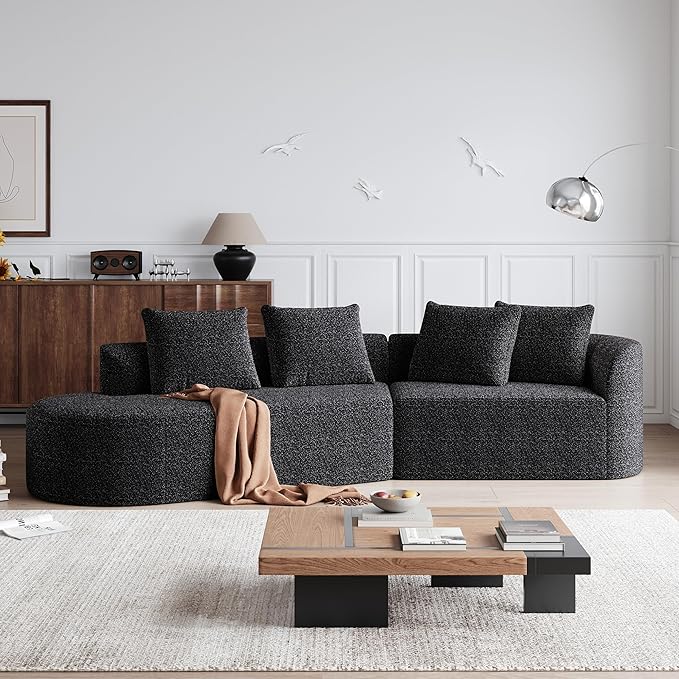 112" Modern Cloud Sectional Sofa, Chenille 4-Seater Curved Couch with 4 Pillows, Extra Deep & Wide Seat, No-Assembly Compressed Upholstered Living Room Sofa for Bedroom,Apartment,Black Right