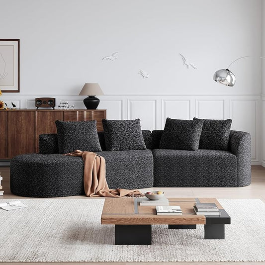 112" Modern Cloud Sectional Sofa, Chenille 4-Seater Curved Couch with 4 Pillows, Extra Deep & Wide Seat, No-Assembly Compressed Upholstered Living Room Sofa for Bedroom,Apartment,Black Right