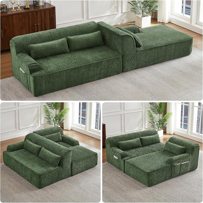L-Shaped Sectional Sofa, Luxury Upholstered Chenille 3-Seater Sofa with Right Chaise Lounge & 3 Lumbar Pillows, Modern Comfy Oversized Couch with Side Pocket for Living Room, Apartment, Green
