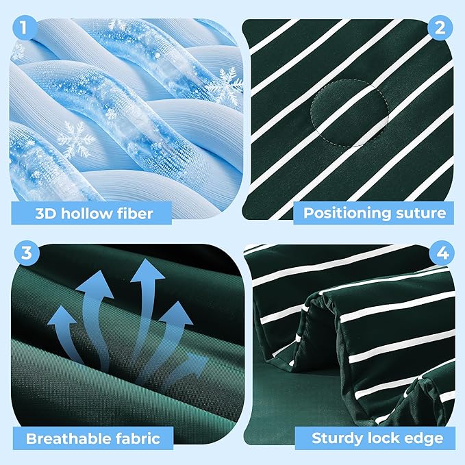 Pinstripe Cooling Comforter King Size, Q-Max 0.45 Reversible Striped Cooling Blanket for Hot Sleepers, Breathable Lightweight Silk Smooth Summer Bedding, Quilted Ice Blanket, Emerald Green