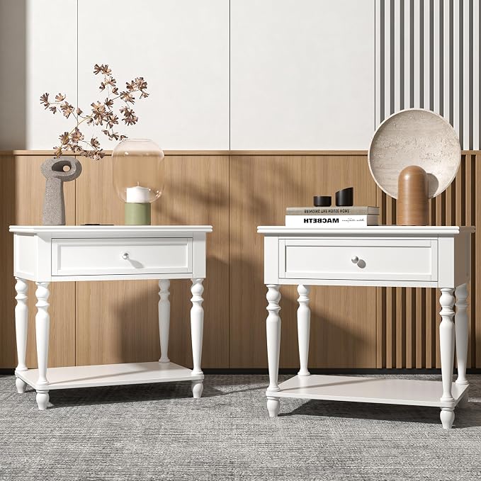 Solid Wood Nightstand with Charging Station, Traditional End Table with Drawers and Open Shelf, Bedside Table with Storage, Modern Side Table for Bedroom Set of 2, White by Owipaw