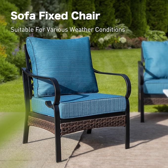 5 Piece Metal Outdoor Patio Furniture Set, Patio Conversation Sets 3-Seater Sofa, 2-Seater Sofa, 2 Fixed Chair with 5.75" Thick Cushion & Coffee Table Black Backyard Furniture, Blue-2