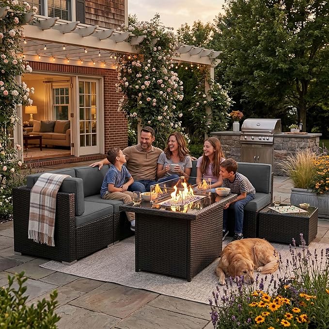 15 Pieces Patio Furniture Set with 44" Propane Gas Fire Pit Table, Outdoor Sectional Wicker Conversation Sofa Sets with Coffee Table