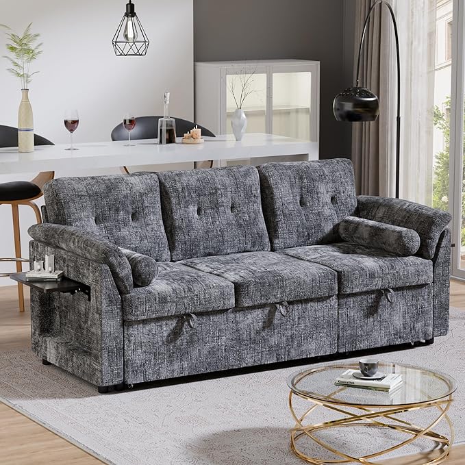 Convertible Queen Sofa Bed, 63 Inch Chenille Pull Out Couch with Side Table, 3 Seat Pull Out Sofa Bed with Level Adjustable Backrest, Comfy Sleeper Sofas for Living Room, Apartment, Gray