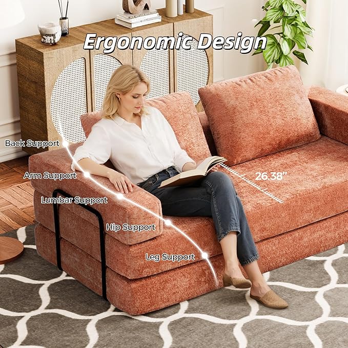 Convertible Sofa Bed, 4-in-1 DIY Combination Boneless Sleeper Sofa Bed with Pillows, Comfy Modular Couch with Fixed-Shape Frame, Chenille Convertible Lounge Couch for Living Room, Orange