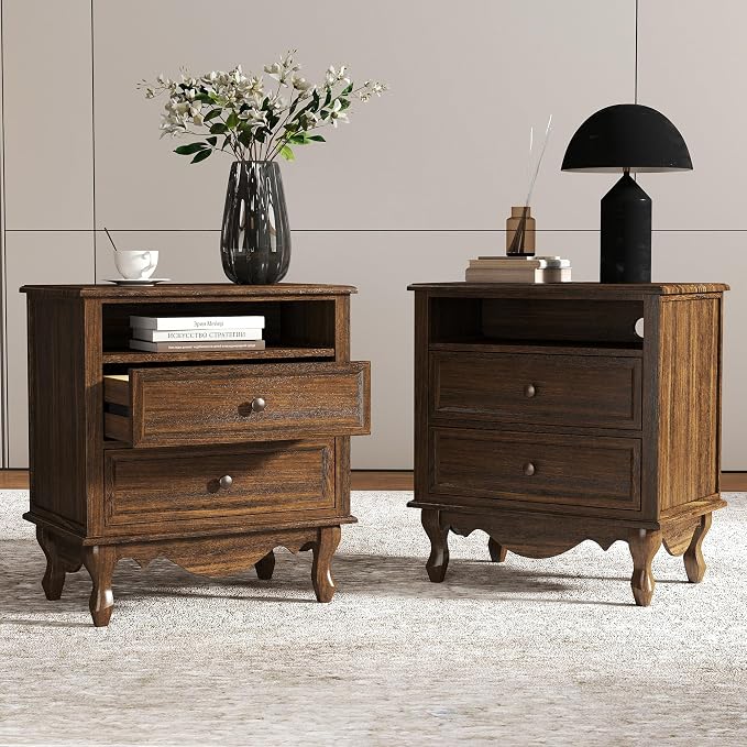 Solid Wood Nightstands Set of 2, Fully Assembled Night Stand with 2 Drawer & Open Shelf Storage, Bedside Table with Charging Station, Mid-Century Modern End Table for Bedroom, Walnut by Cuzobro