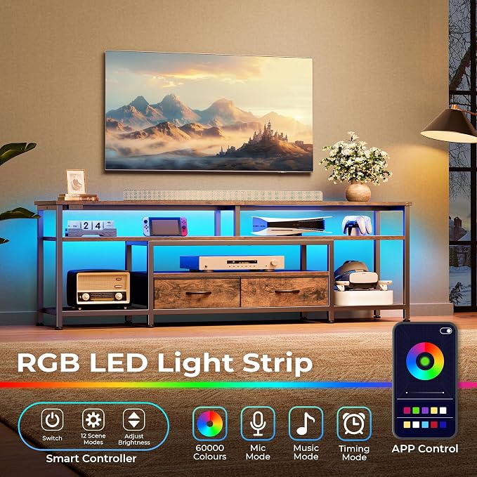 Huuger 63 Inch LED TV Stand for 65 70 Inch TV, Entertainment Center with Open Shelves and Power Outlets, TV Console for Living Room, Media Console with Drawers, Rustic Brown, 8779FC - Image 2