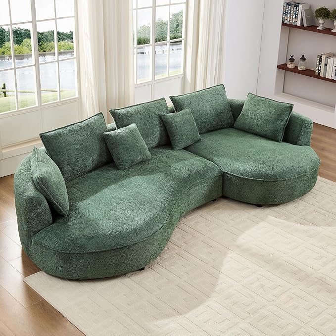 KEIKI 125" Luxury Curved Boucle Sectional Sofa with Right Chaise, Upholstered Modern Style Oversized 5-Seater Couch with Thickened Seat Cushions, Easy Assembly, for Apartment, Living Room, Green