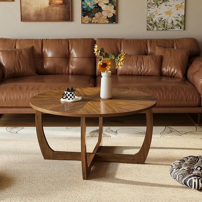 LEEMTORIG Round Wood Coffee Table, Mid Century Modern Round Walnut Coffee Tables for Living Room, 33.5" Dia. Circle Drum Coffee Table with Cross Legs, Easy Assembly, Brown Walnut KFZ-3223