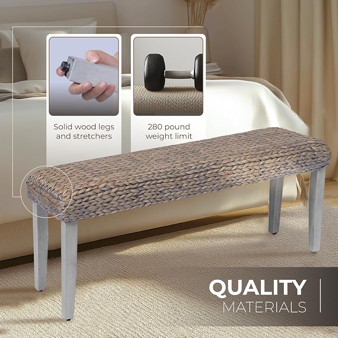 Solid Wood Acacia Indoor Bench with Natural Woven Water Hyacinth Seat, Wood Bench for Living Room or Entryway, Vintage Bench, Fishbone Style, Grey Leg - Image 7
