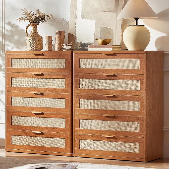LEYAOYAO Rattan Dresser for Bedroom Set 2, 41" Tall Chest of Drawers, Modern 5 Drawers Boho Dressers with Storage, Light Oak Dresser Wooden Closet Organizer for Living Room, Hallway, Tea Brown - Image 2